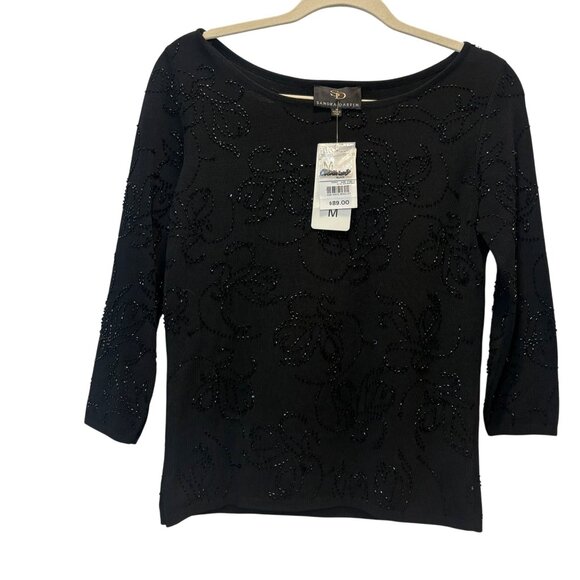 Sandra Darren Tops - NEW Sandra Darren Black Beaded 3/4 Sleeve Knit Top Scoop Med Elegant VTG Glam